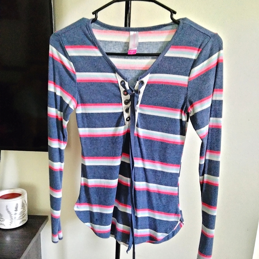 A long sleeved, striped No Boundaries shirt, size XS